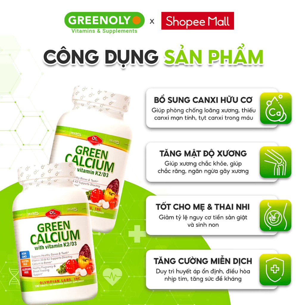 Mô tả Viên Uống Bổ Sung Canxi Hữu Cơ Olympian Labs Green Calcium Cho Bà Bầu, Sau Sinh Và Trẻ Em, Giúp Xương Chắc Khỏe 100 Viên - 3