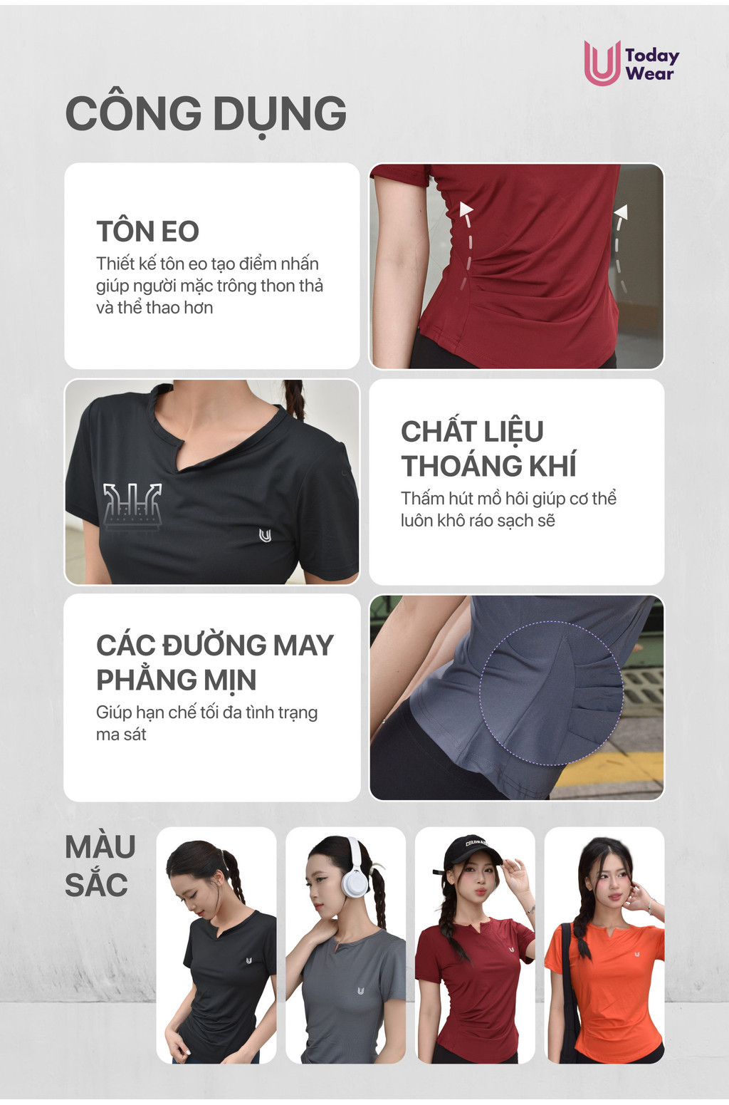 Mô tả Áo tập gym yoga nữ Slimfit Tee cổ V ngắn tay chất liệu co giãn thấm hút mồ hôi Today U Wear - 2