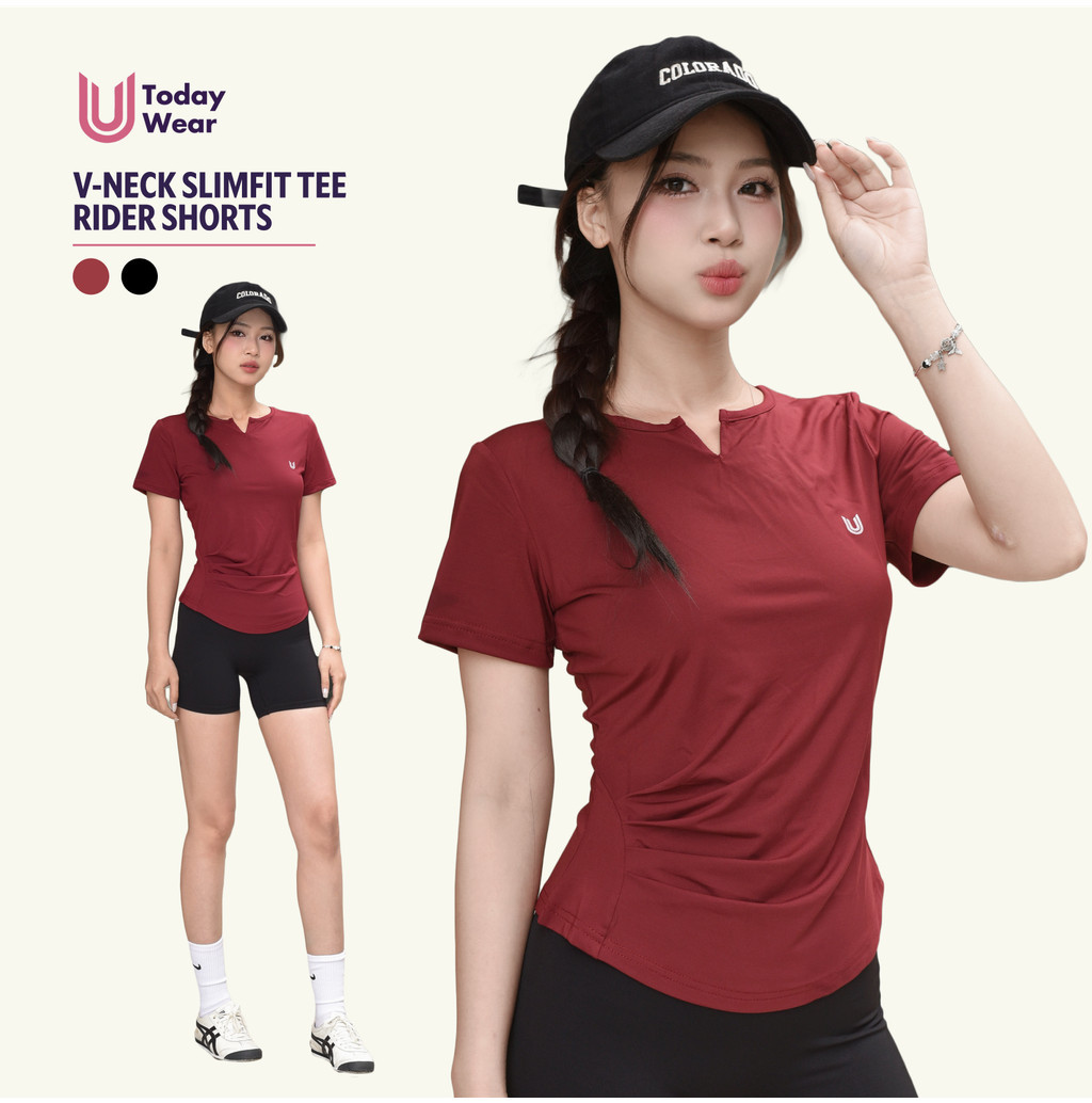 Mô tả Set đồ thể thao nữ tập gym yoga áo Slimfit đỏ mix quần Rider đen Today U Wear cầu lông chạy bộ tennis pickleball - 1