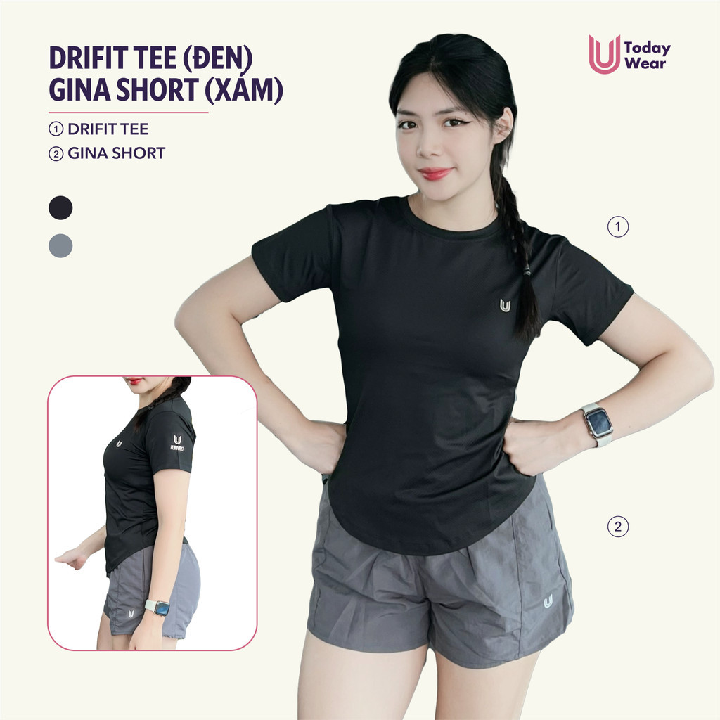 Mô tả Set đồ tập gym yoga thể thao áo Essential Dri-FIT đen mix quần Gina short xám Today U Wear cầu lông tennis pickleball - 1