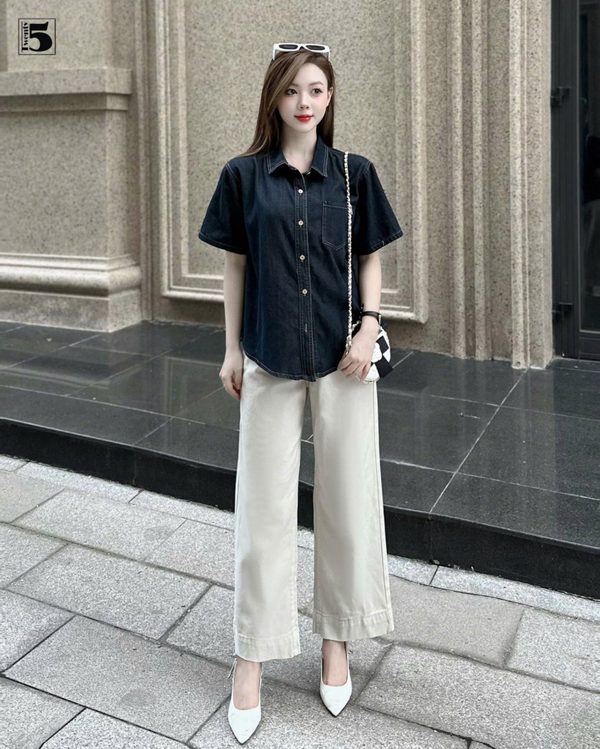 Quần jeans nữ Twentyfive ống suông dáng lửng màu xanh