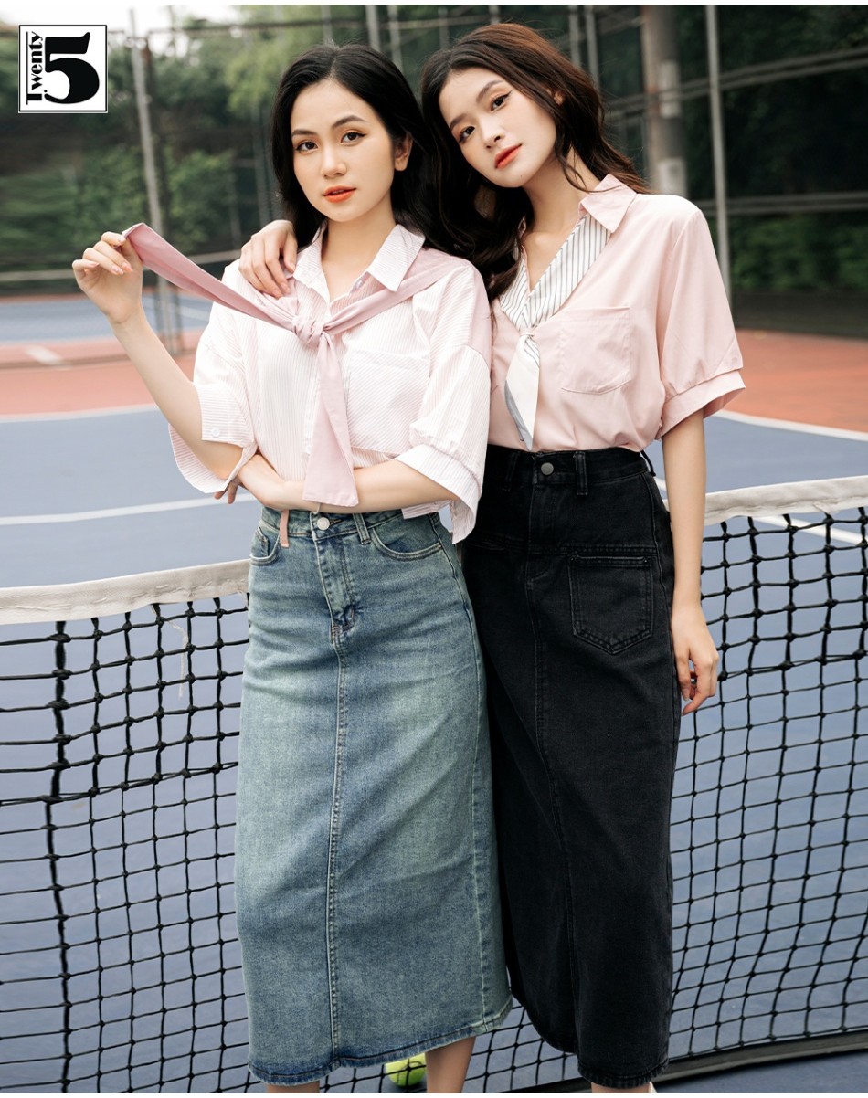 Mô tả Áo sơ mi nữ Twentyfive dáng rộng ngắn tay họa tiết kẻ cổ thủy thủ thắt khăn choàng 4682M - 1