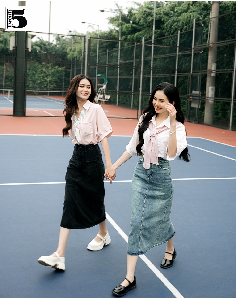 Mô tả Áo sơ mi nữ Twentyfive dáng rộng ngắn tay họa tiết kẻ cổ thủy thủ thắt khăn choàng 4682M - 3