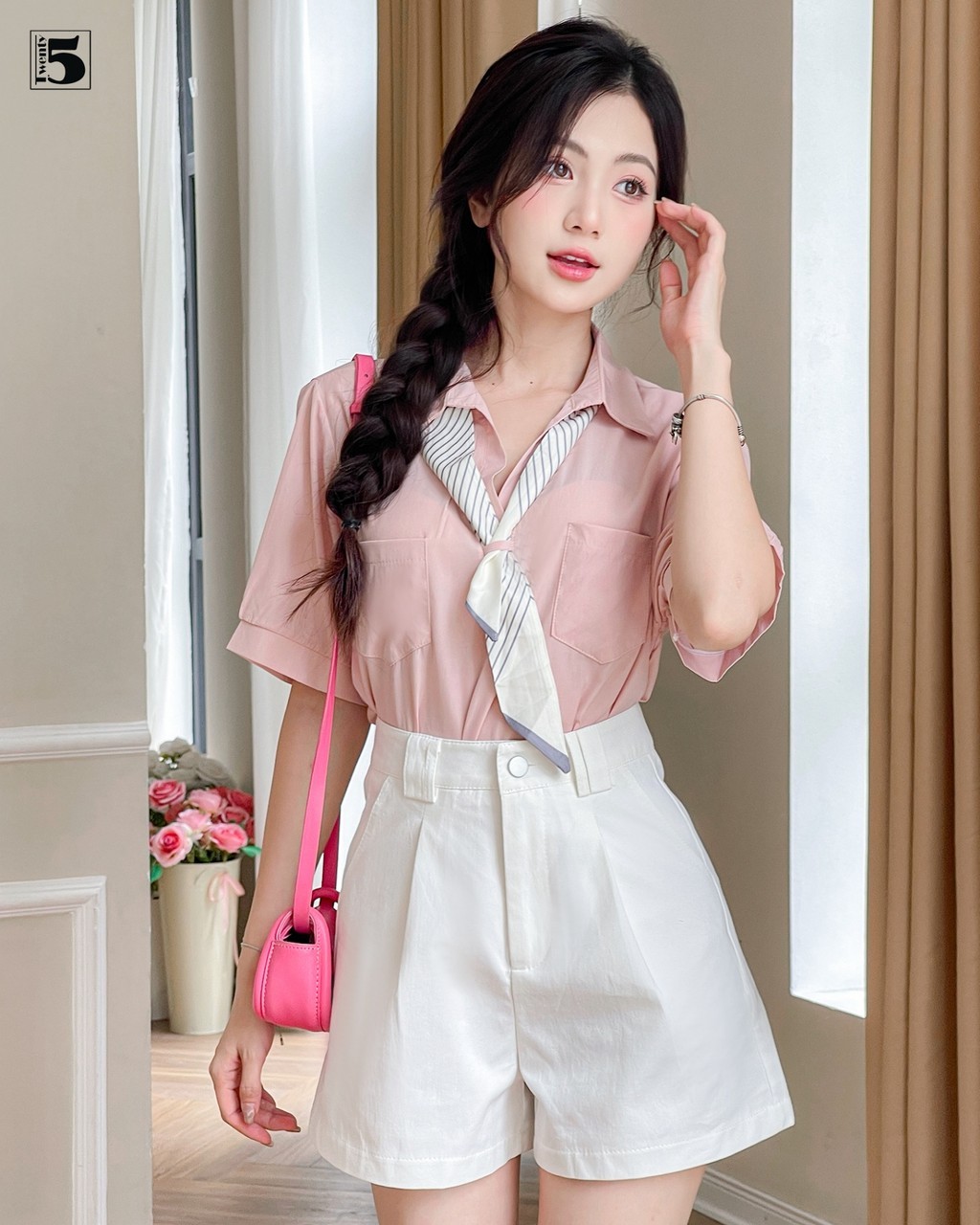 Mô tả Áo sơ mi nữ công sở dạo phố cổ đức ngắn tay kèm khăn thắt nơ Twentyfive 4683 - 1