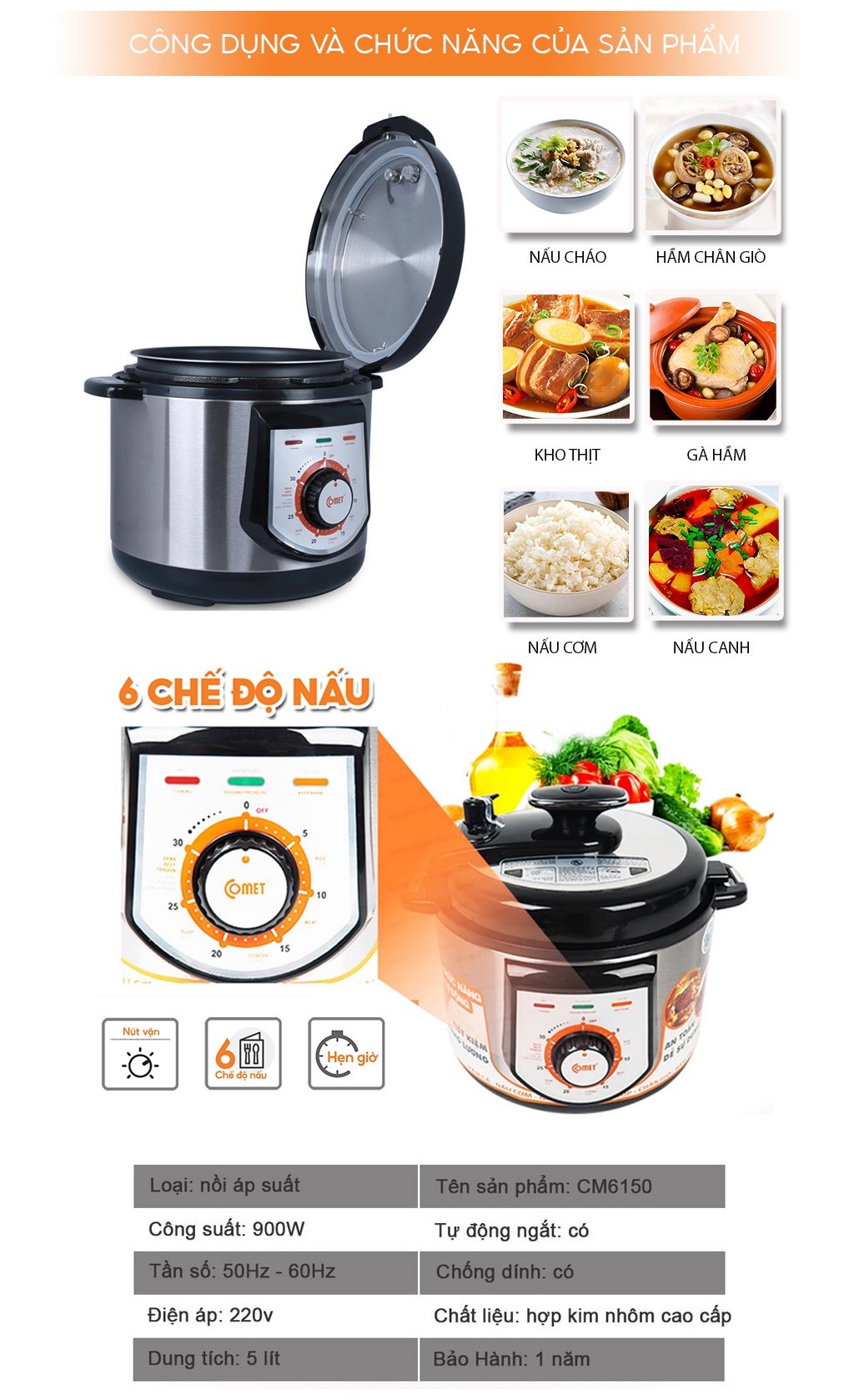 Mô tả Nồi áp suất điện 5L COMET - CM6150 - 4