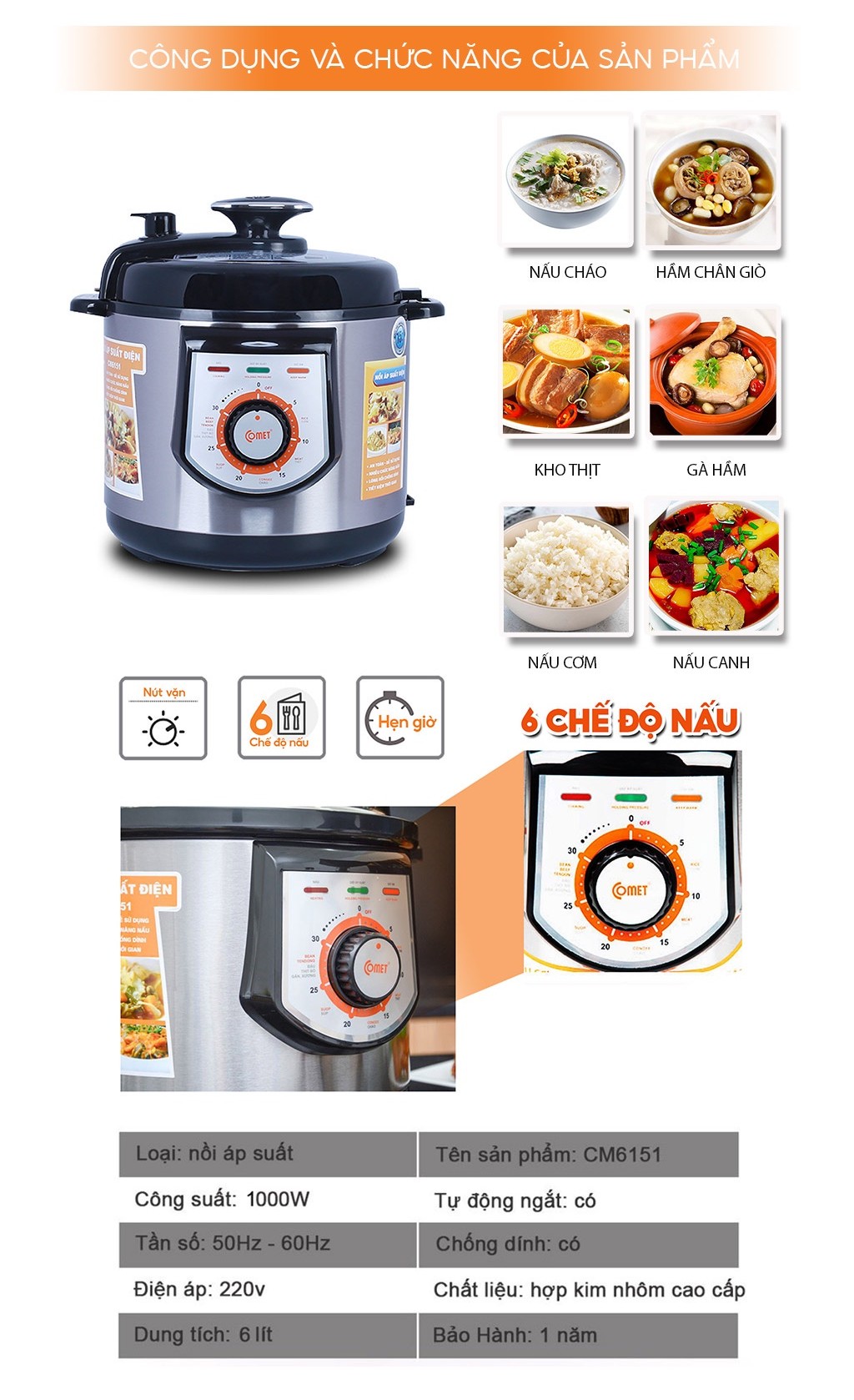 Mô tả Nồi áp suất điện 6L COMET - CM6151 - 4