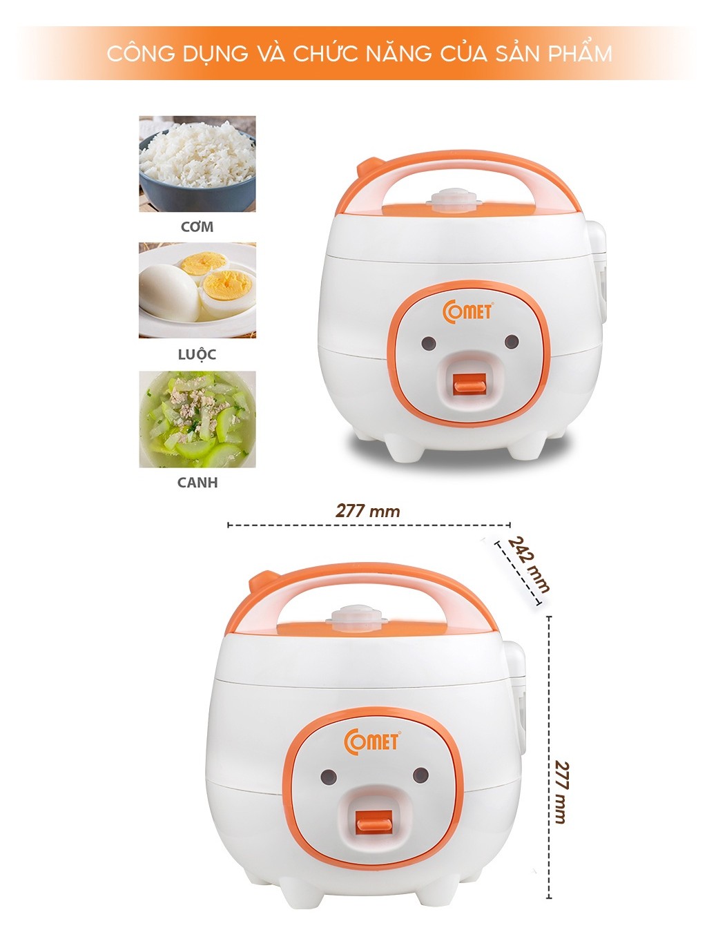 Mô tả Nồi cơm điện mini 0,8L nắp gài COMET - CM8006 - 4