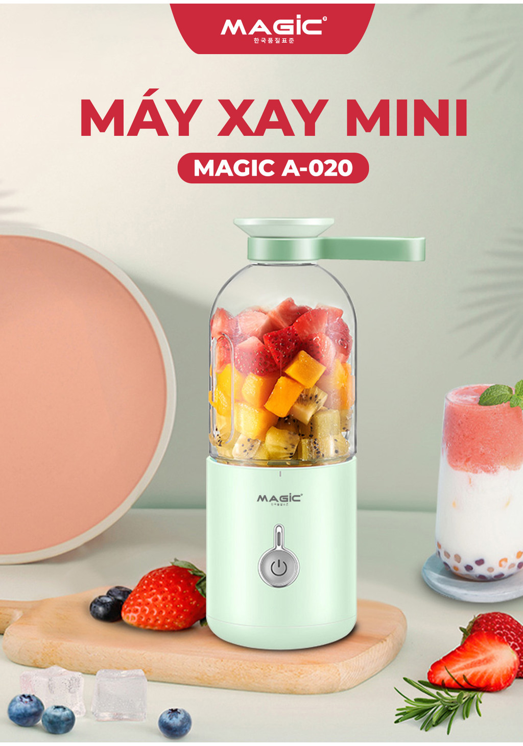 Mô tả Máy Xay Sinh Tố Mini Cầm Tay 350ml Magic A-020, Lưỡi Dao 6 Cánh Inox, Dung Lượng Pin 1500mAh - 1