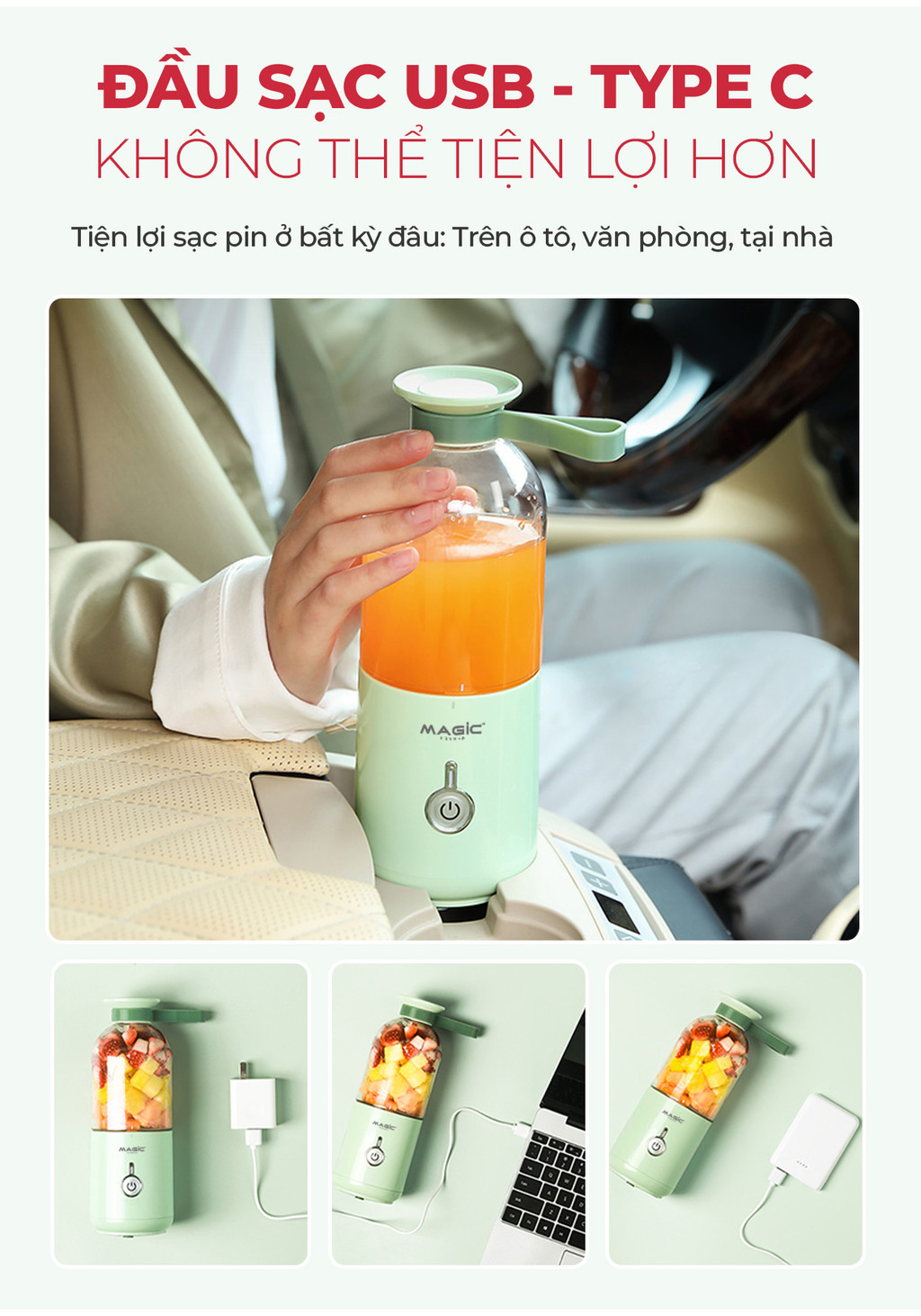 Mô tả Máy Xay Sinh Tố Mini Cầm Tay 350ml Magic A-020, Lưỡi Dao 6 Cánh Inox, Dung Lượng Pin 1500mAh - 4