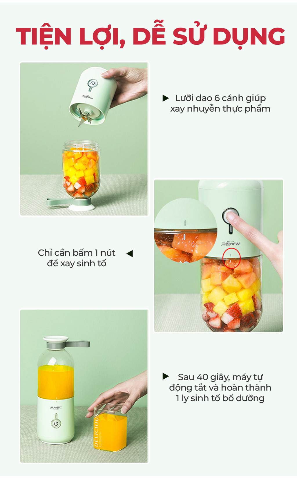 Mô tả Máy Xay Sinh Tố Mini Cầm Tay 350ml Magic A-020, Lưỡi Dao 6 Cánh Inox, Dung Lượng Pin 1500mAh - 6