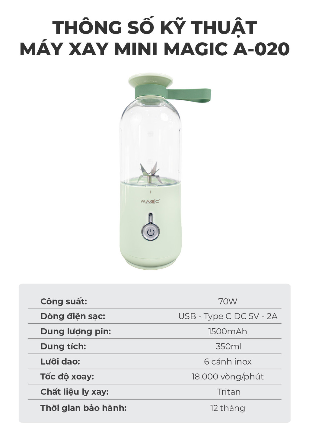 Mô tả Máy Xay Sinh Tố Mini Cầm Tay 350ml Magic A-020, Lưỡi Dao 6 Cánh Inox, Dung Lượng Pin 1500mAh - 7