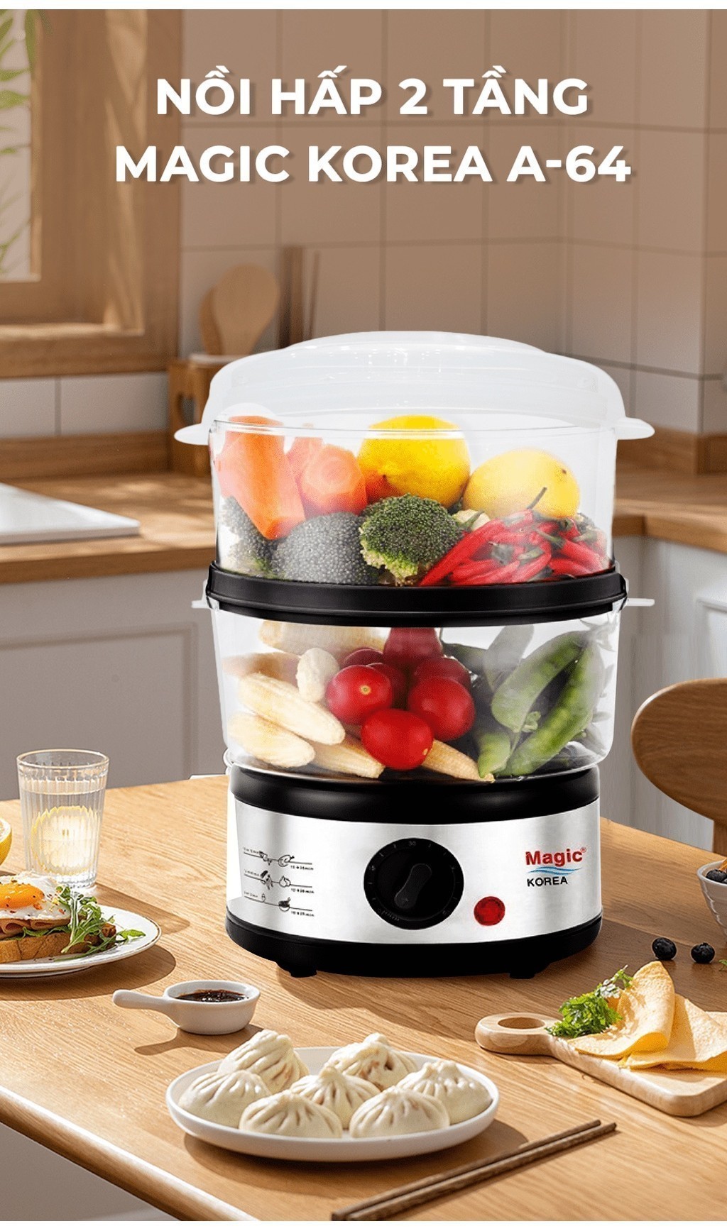 Mô tả Nồi hấp Magic A-64, nồi hấp 2 tầng, dung tích 5L- Hàng chính hãng. - 1