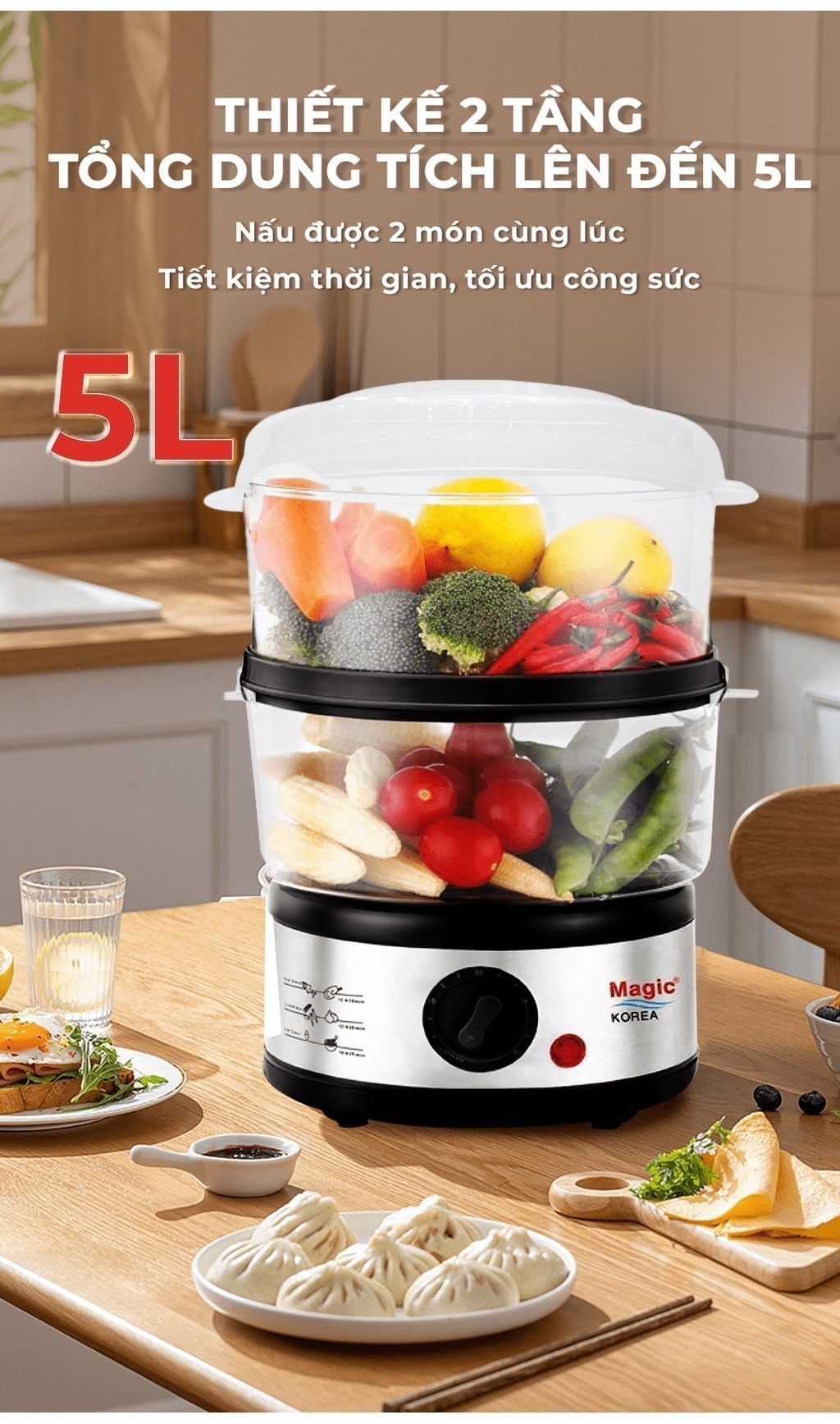 Mô tả Nồi hấp Magic A-64, nồi hấp 2 tầng, dung tích 5L- Hàng chính hãng. - 2