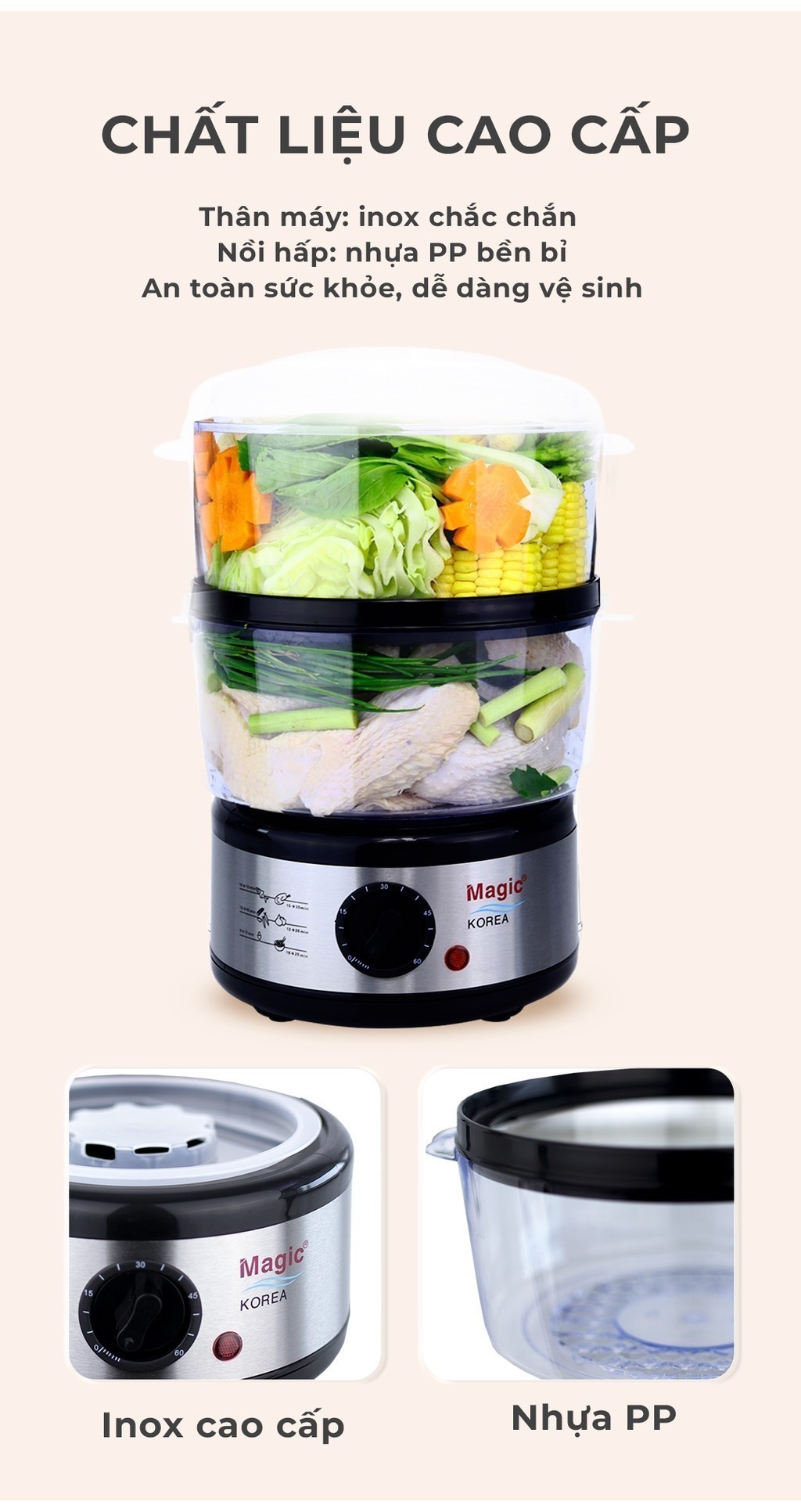 Mô tả Nồi hấp Magic A-64, nồi hấp 2 tầng, dung tích 5L- Hàng chính hãng. - 3