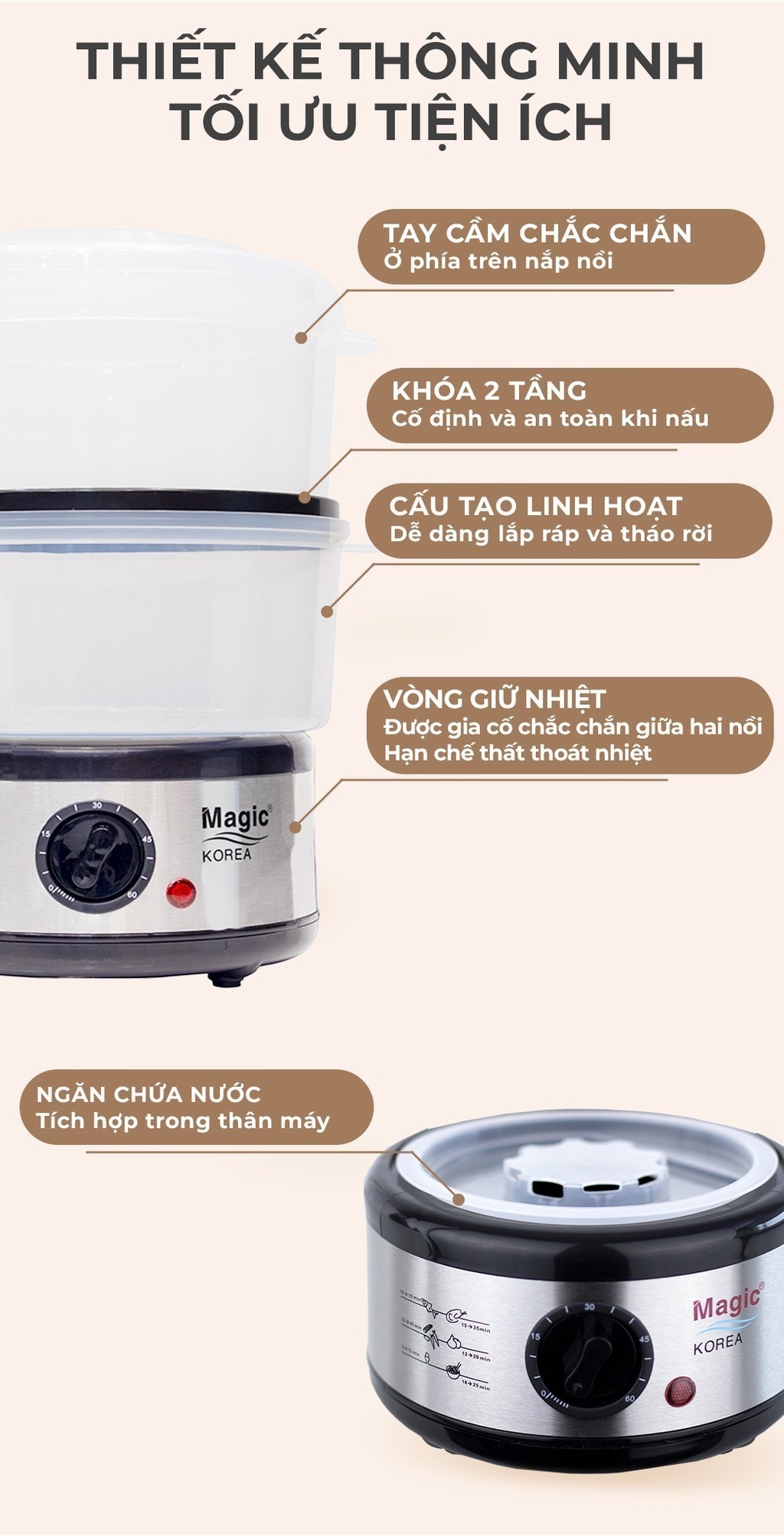 Mô tả Nồi hấp Magic A-64, nồi hấp 2 tầng, dung tích 5L- Hàng chính hãng. - 4