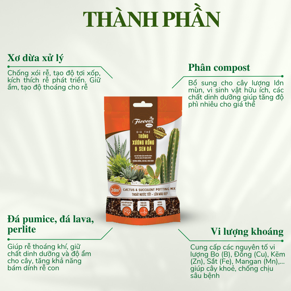 Mô tả Đất trồng sen đá xương rồng cao cấp, đầy đủ dinh dưỡng, siêu thoát nước, túi 2 lít. - 3