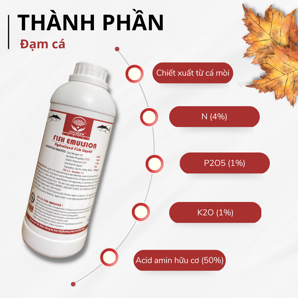 Mô tả Phân đạm cá Docneem, phân cá Fish Emulsion hữu cơ cho hoa hồng, rau sạch, hoa, cây cảnh trong nhà ngoài trời, chai 1L - 1