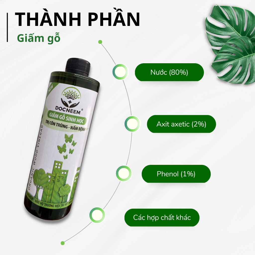 Mô tả Giấm gỗ sinh học DOCNEEM phòng ngừa xua đuổi côn trùng, diệt nấm lá cho cây cảnh, rau củ quả, hoa hồng, phong lan 500ml - 1