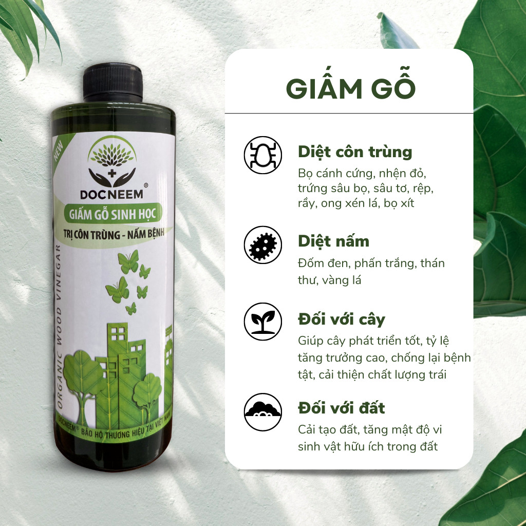Mô tả Giấm gỗ sinh học DOCNEEM phòng ngừa xua đuổi côn trùng, diệt nấm lá cho cây cảnh, rau củ quả, hoa hồng, phong lan 500ml - 2