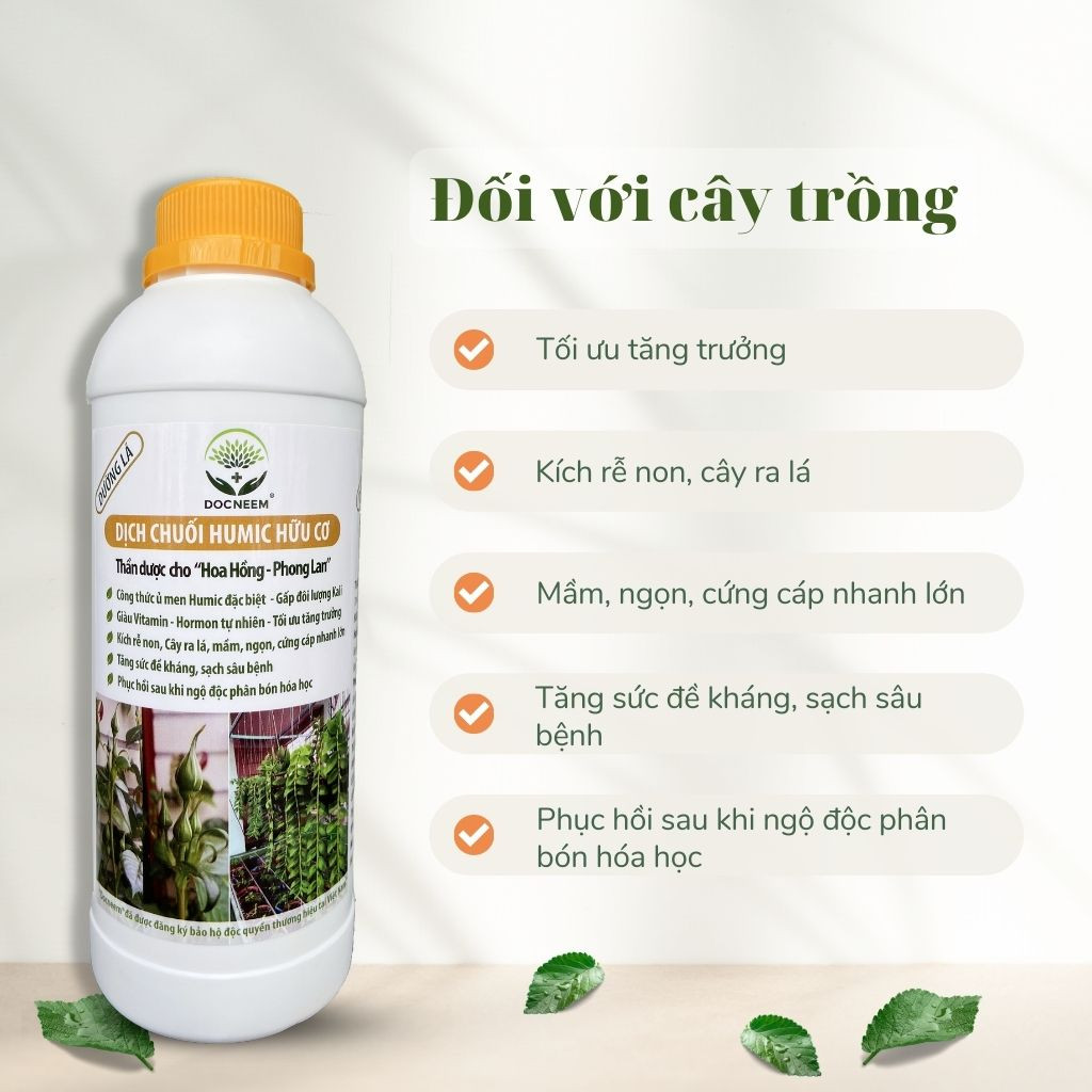 Mô tả Dịch chuối Humic hữu cơ DOCNEEM, phân bón hoa hồng, lan, cây cảnh, bông to, hoa sai, đậm màu, lâu tàn, dung tích 1 lít - 1