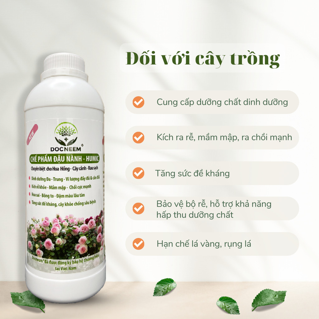 Mô tả Chế phẩm đậu nành humic hữu cơ DOCNEEM, giàu đạm, bổ sung trứng, chuối, kích mầm hoa hồng, rau sạch, cây cảnh, chai 1L - 1