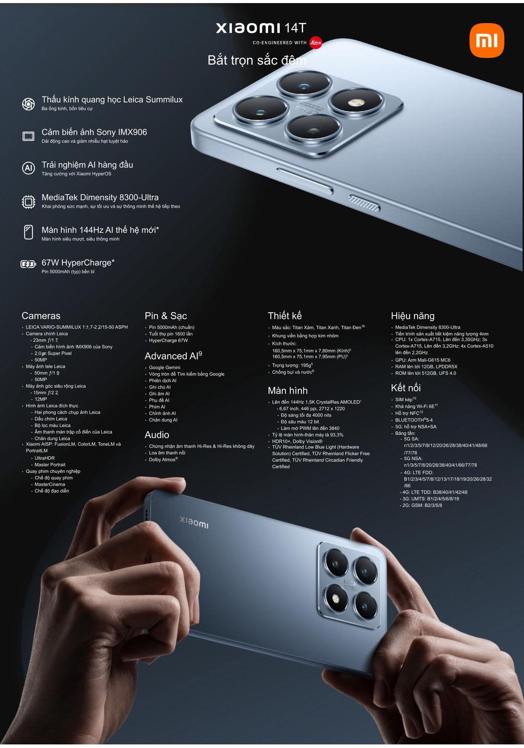 Mô tả Điện thoại thông minh Xiaomi 14T (12+512GB) | Cảm biến ảnh Sony IMX906 | MD 8300 | Pin 5000mAh - 1