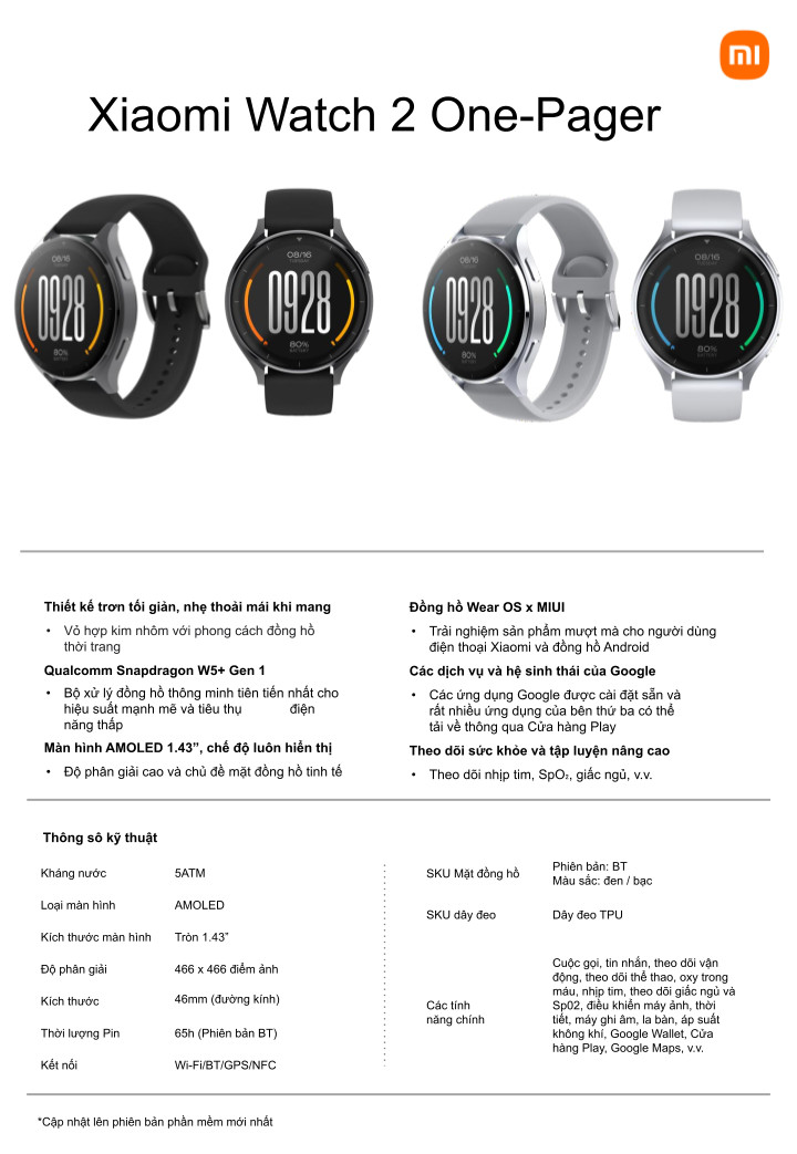Mô tả Đồng hồ thông minh Xiaomi Watch 2 | Màn hình AMOLED 1.43" |  12 Kênh theo dõi sức khỏe | HĐH WearOS | Wifi/BT/GPS/NFC - 1