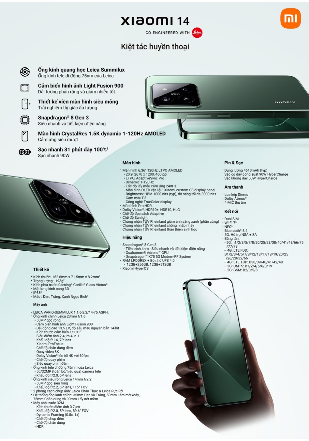 Mô tả Điện thoại thông minh Xiaomi 14 (12+256GB) | Màn hình 6.36" AMOLED 120Hz | Camera Leica | Ligh Fushion 900 | SD® 8Gen3 - 1