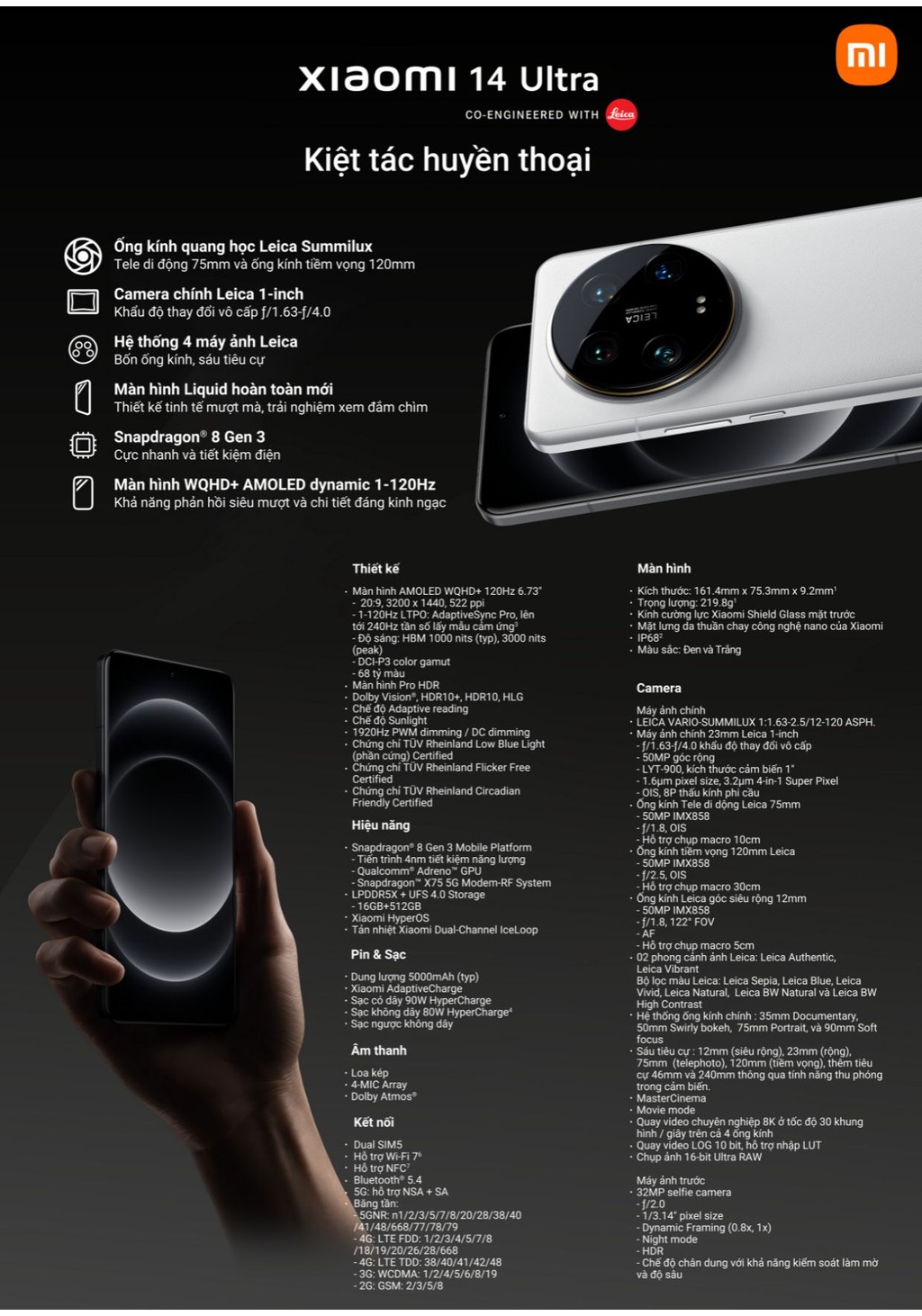 Mô tả Điện thoại thông minh Xiaomi 14 Ultra (16+512GB) | Màn hình 6.73" WQHD+ AMOLED 120Hz | Camera Leica | Snapdragon® 8Gen3 - 1