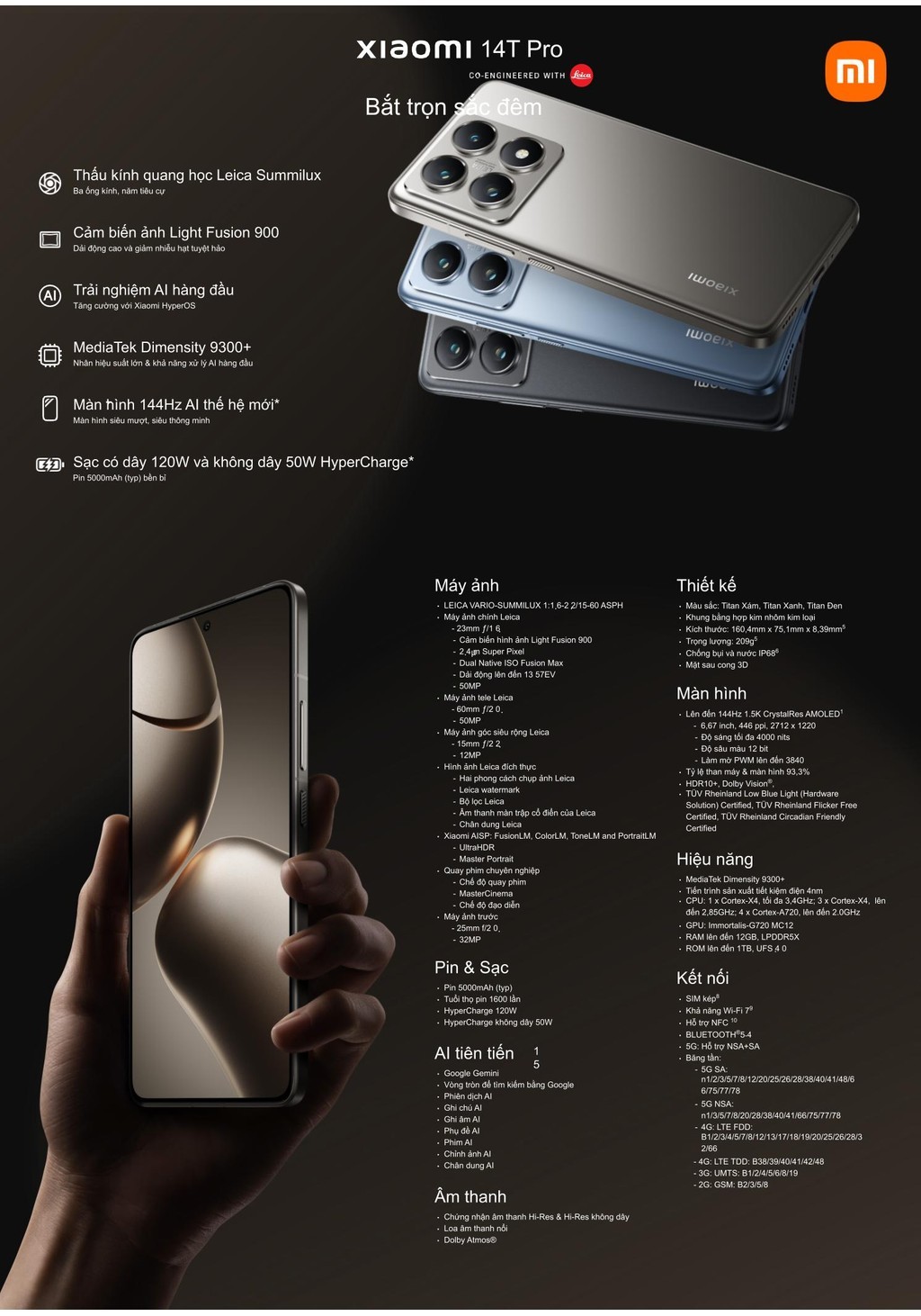 Mô tả [NHẬP MÃ XM500 GIẢM 500K] Điện thoại thông minh Xiaomi 14T Pro (12+512GB) | Light Fusion 900 | MD 9300+ | Pin 5000mAh - 1