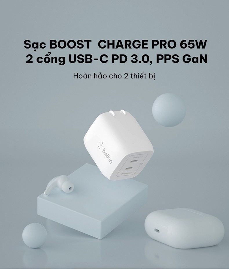 Mô tả Sạc nhanh BOOST↑CHARGE PRO GaN Belkin 65W - 2 cổng USB-C PD 3.0 PPS phiên bản đặc biệt Ironman/Disney - 1