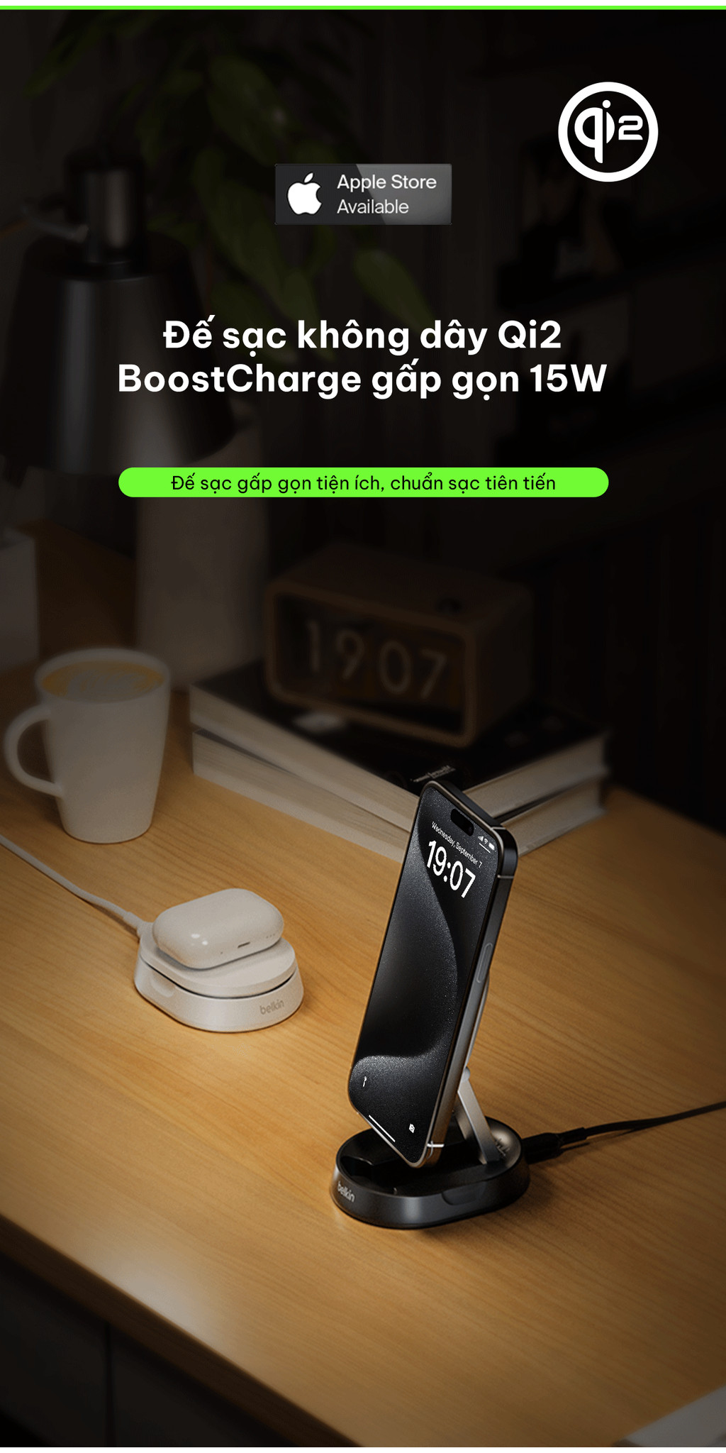 Mô tả Đế sạc không dây Belkin Qi2 BoostCharge Universal 15W, điều chỉnh linh hoạt đứng nằm, không kèm sạc - 2