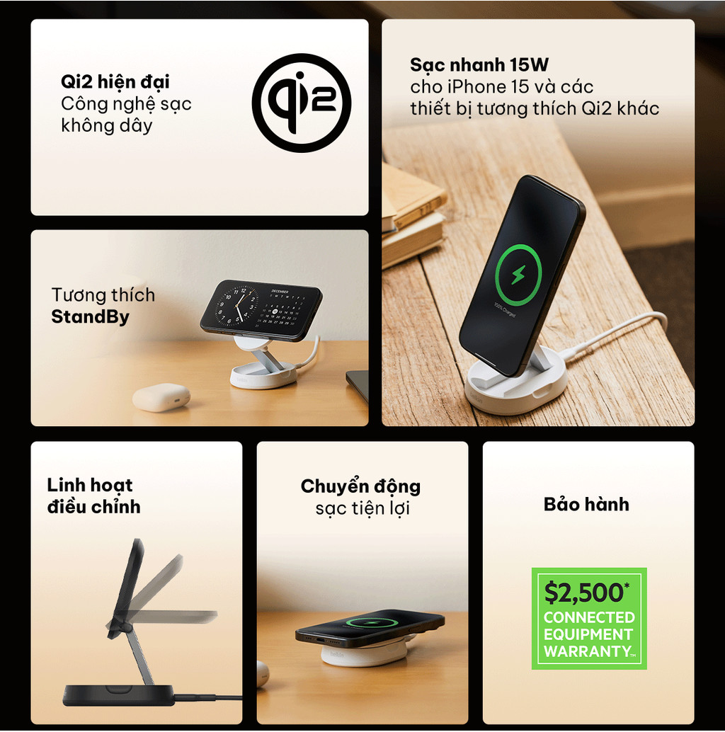 Mô tả Đế sạc không dây Belkin Qi2 BoostCharge Universal 15W, điều chỉnh linh hoạt đứng nằm, không kèm sạc - 3