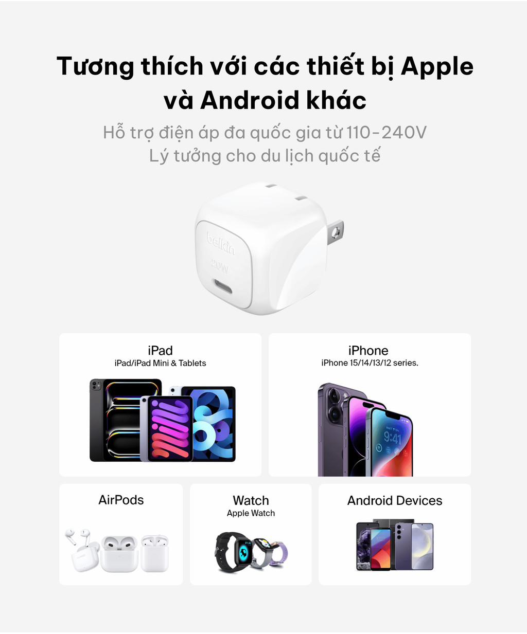Mô tả Củ sạc nhanh 20W PD Belkin Cube Wall Charger, Thiết kế gọn nhẹ, tương thích với hầu hết thiết bị - 2