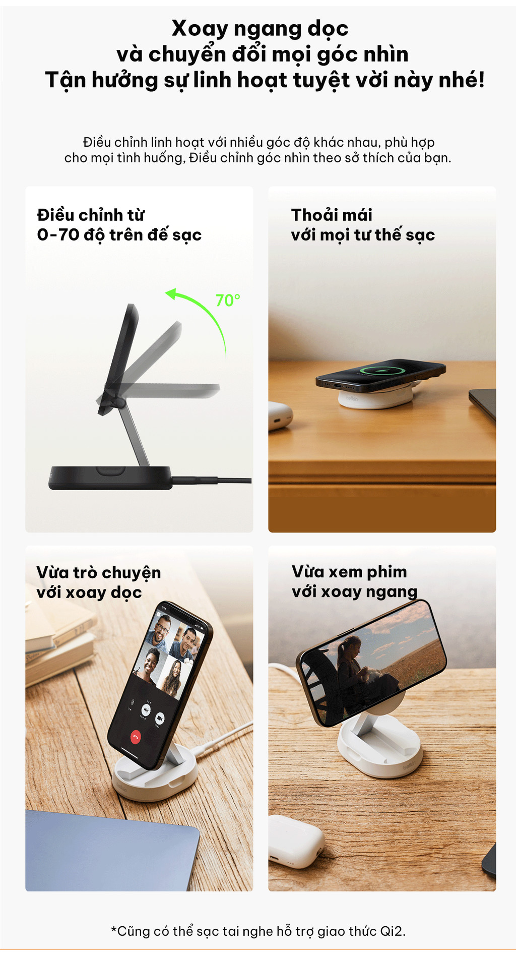 Mô tả Đế sạc không dây Belkin Qi2 BoostCharge Universal 15W, điều chỉnh linh hoạt đứng nằm, không kèm sạc - 8
