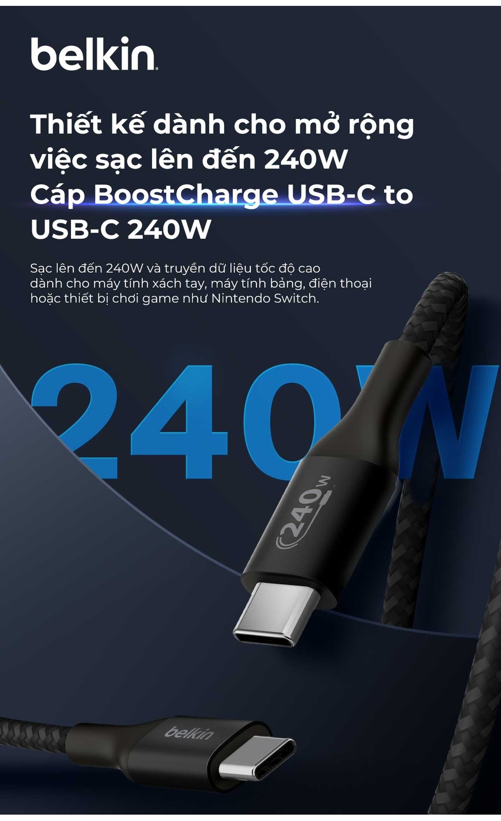 Mô tả Cáp USB C - C vỏ dù, công suất 240W, USB-C PD3.1, 2 mét, màu đen Belkin - 1