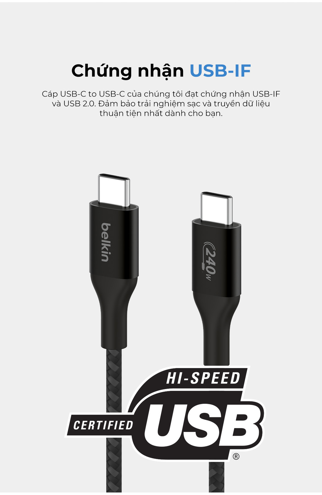 Mô tả Cáp USB C - C vỏ dù, công suất 240W, USB-C PD3.1, 2 mét, màu đen Belkin - 5