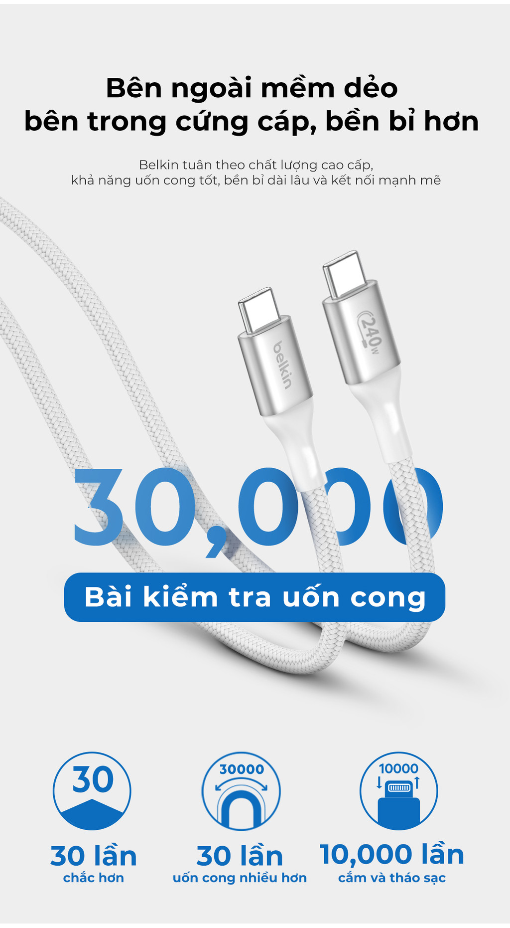 Mô tả Cáp USB C - C vỏ dù, công suất 240W, USB-C PD3.1, 2 mét, màu đen Belkin - 7