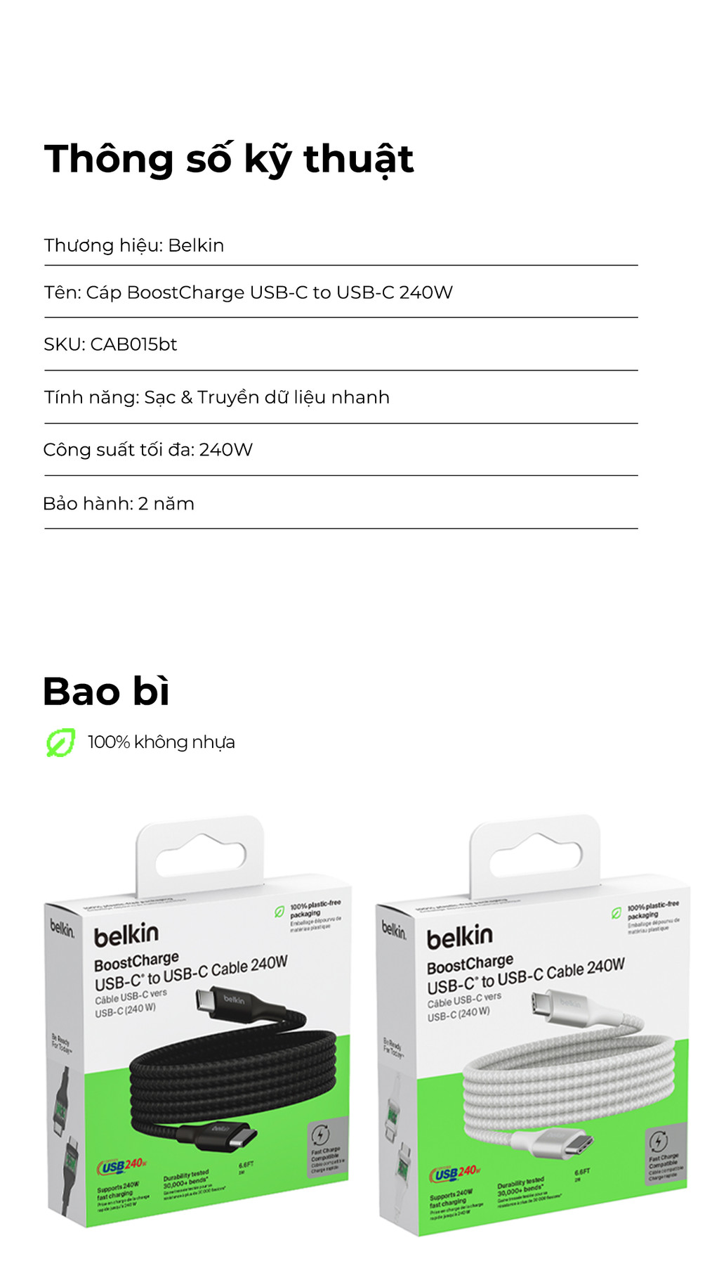 Mô tả Cáp USB C - C vỏ dù, công suất 240W, USB-C PD3.1, 2 mét, màu đen Belkin - 10