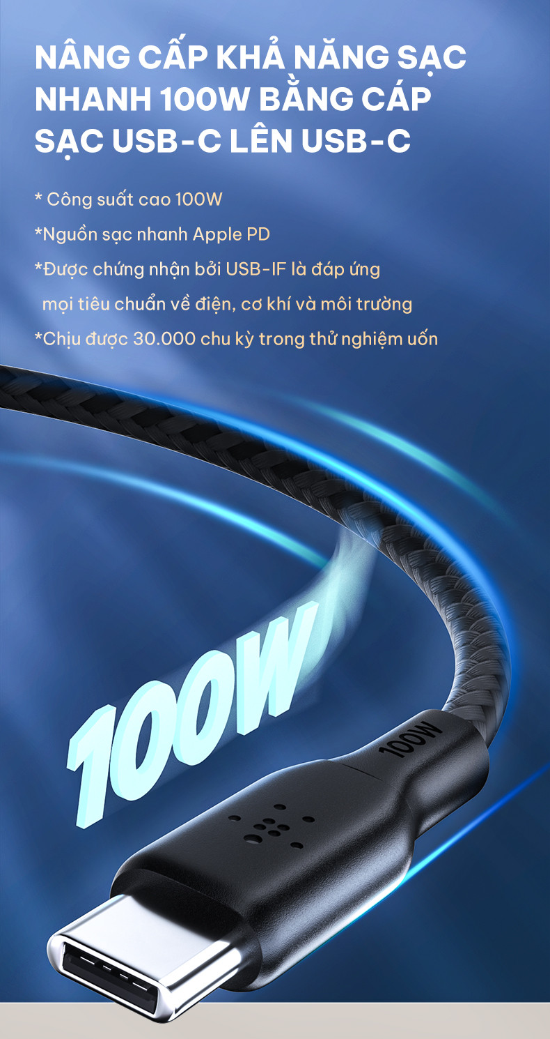 Mô tả Cáp sạc nhanh USB Type C - C BOOST↑CHARGE™ Belkin 100W vỏ dù, 2M - 2