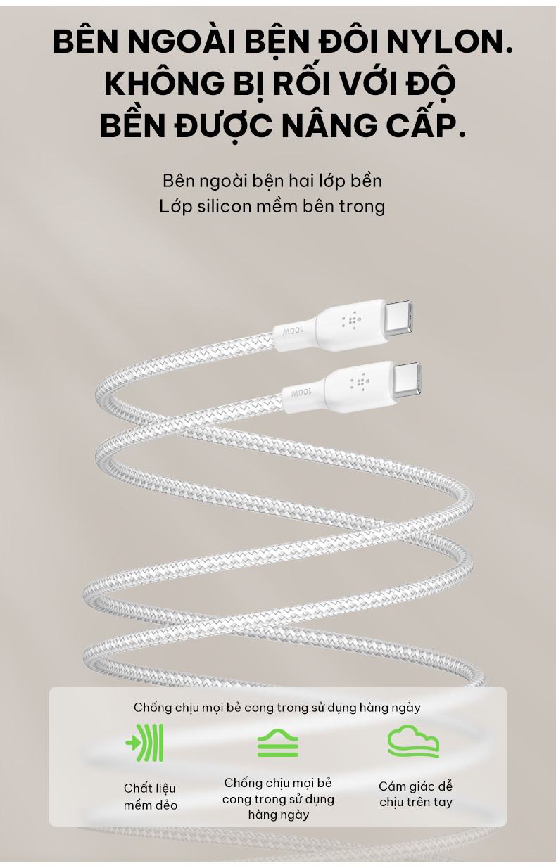 Mô tả Cáp sạc nhanh USB Type C - C BOOST↑CHARGE™ Belkin 100W vỏ dù, 2M - 3