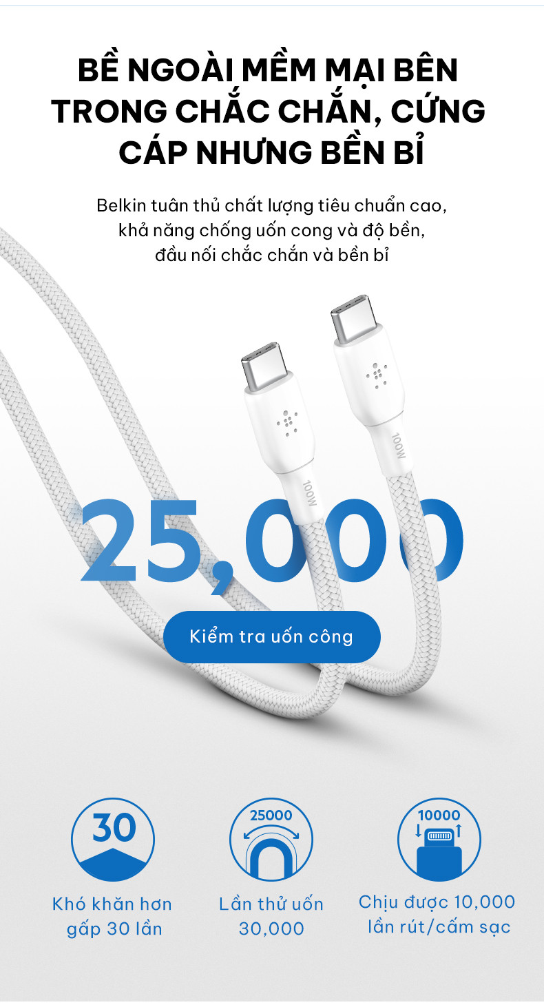 Mô tả Cáp sạc nhanh USB Type C - C BOOST↑CHARGE™ Belkin 100W vỏ dù, 2M - 9
