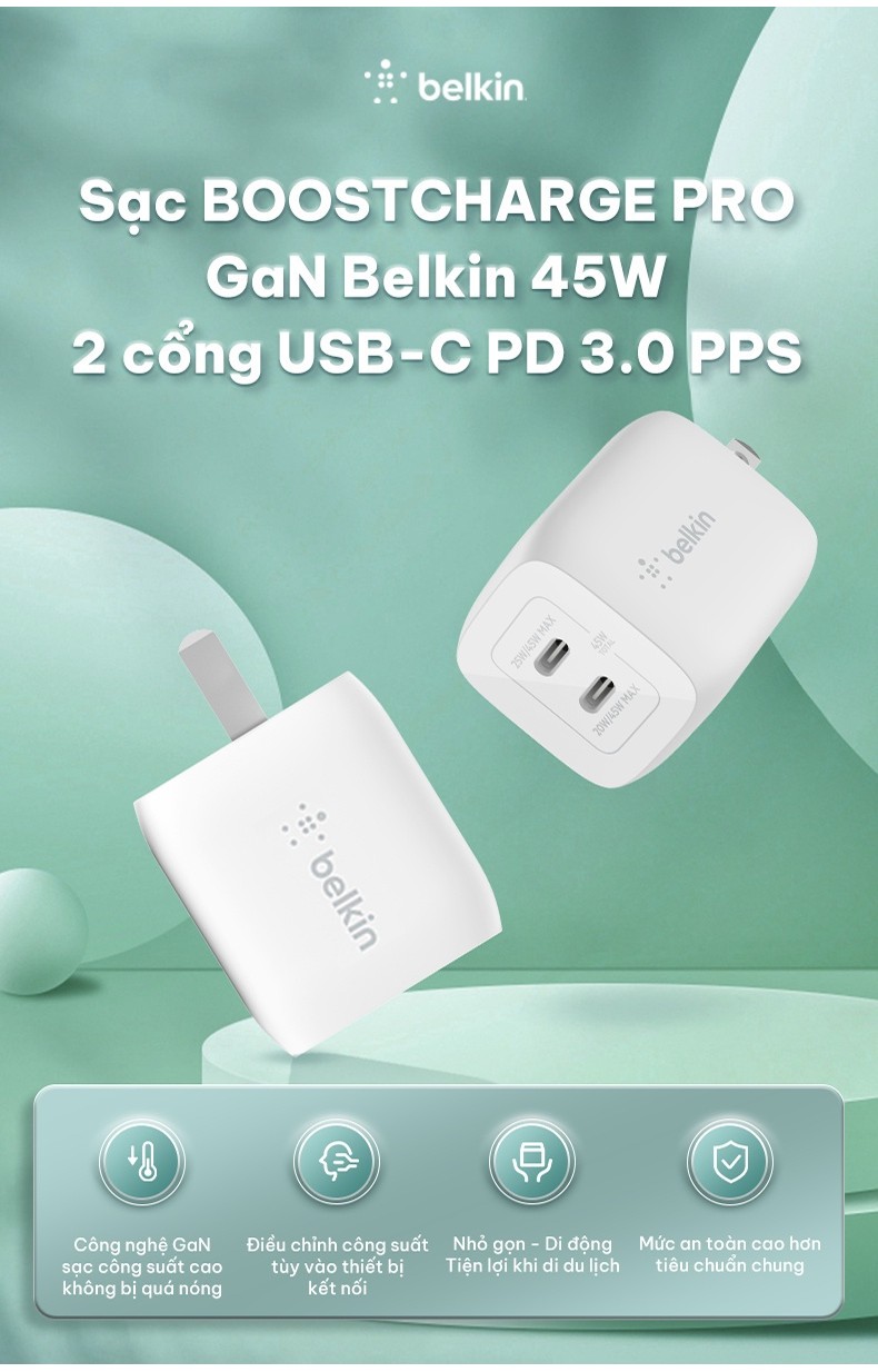 Mô tả Sạc BOOST↑CHARGE PRO GaN Belkin 45W - 2 cổng USB-C PD 3.0 PPS - Hàng chính hãng - WCH011dqWH - 1