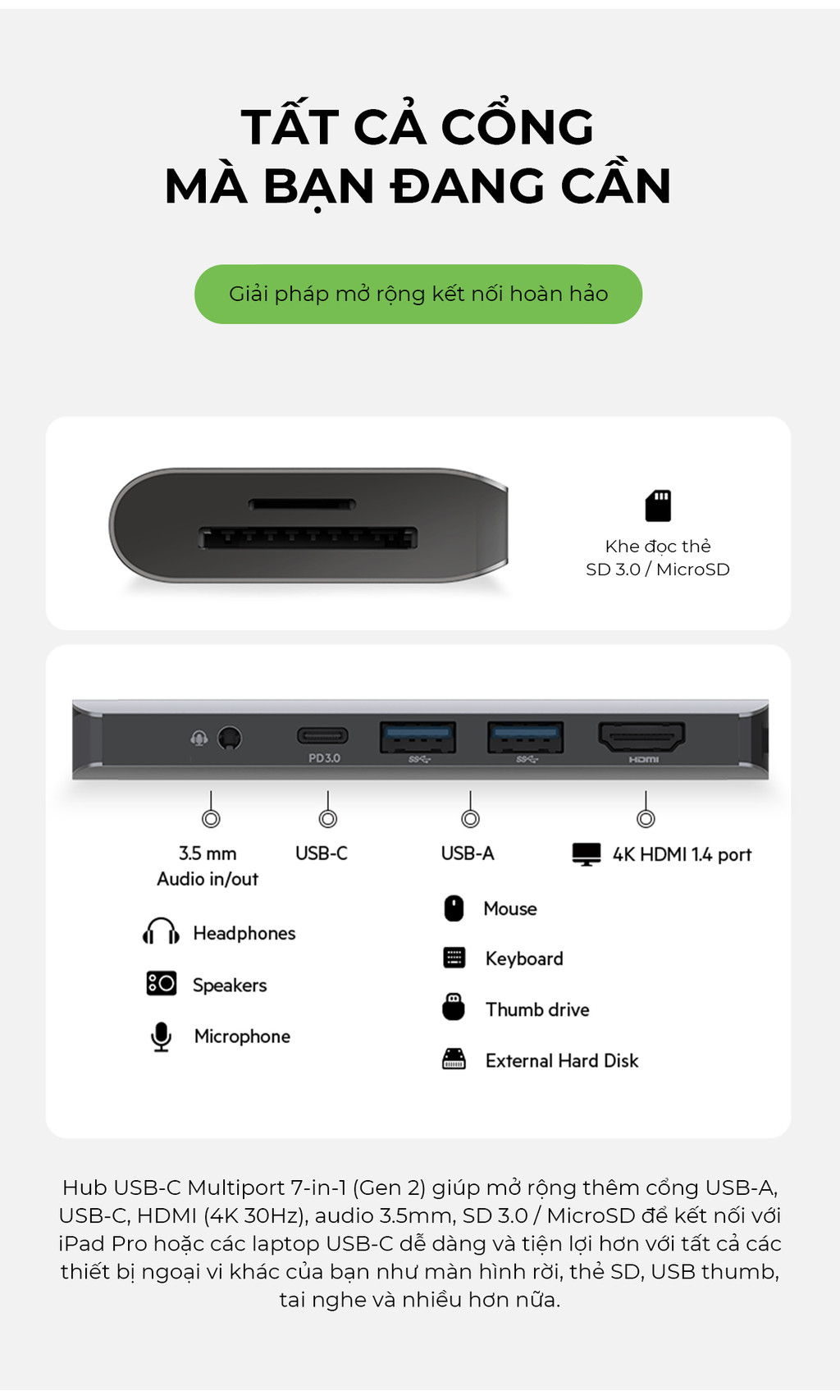 Mô tả Hub chuyển đổi Belkin 7 trong 1 USB-C Multiport - HDMI 4K 30Hz, 100W PD, 2xUSB-A 3.0, 3.5 mm audio, SD 3.0,microSD 3.0 - 2