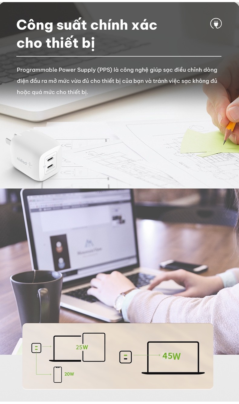 Mô tả Sạc BOOST↑CHARGE PRO GaN Belkin 45W - 2 cổng USB-C PD 3.0 PPS - Hàng chính hãng - WCH011dqWH - 4
