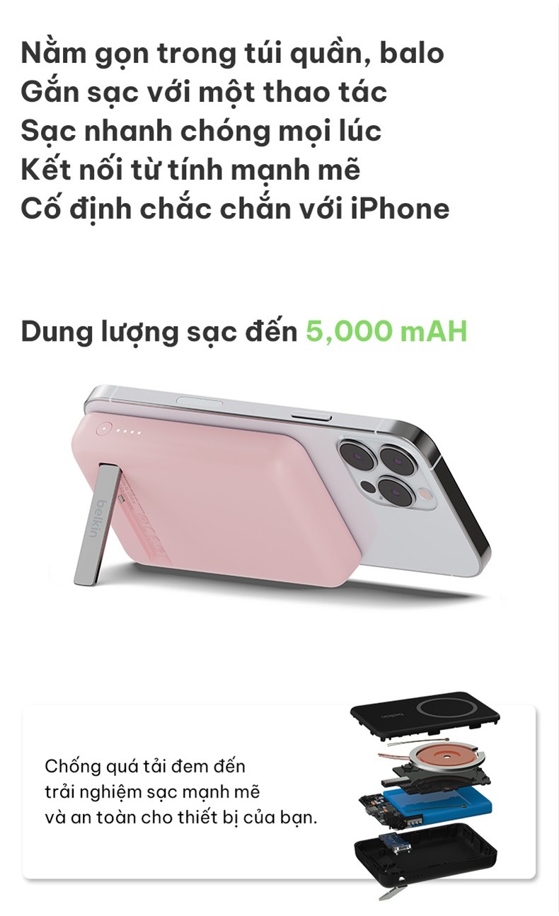 Mô tả Pin sạc dự phòng không dây Belkin BOOSTCHARGE Magnetic 7.5W 5.000mAh có chân chống, cáp đi kèm C-C 1m - BPD004bt - 6