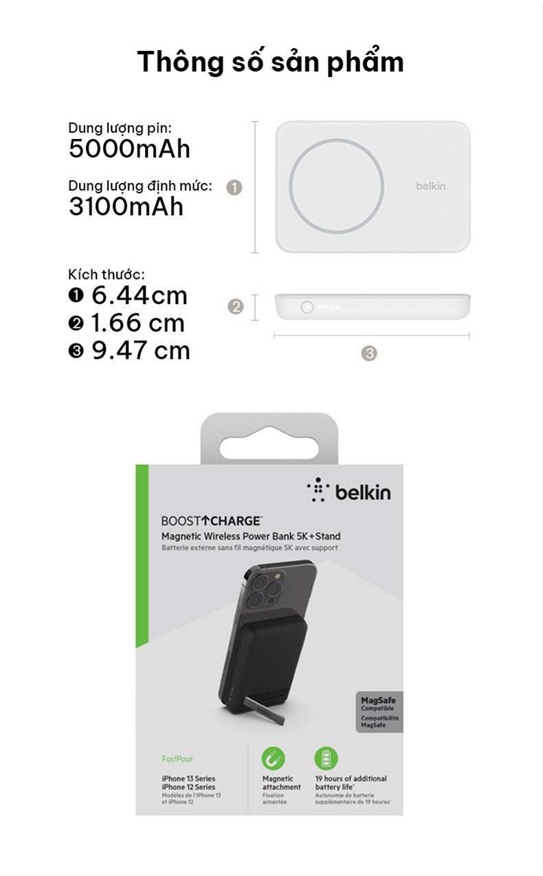 Mô tả Pin sạc dự phòng không dây Belkin BOOSTCHARGE Magnetic 7.5W 5.000mAh có chân chống, cáp đi kèm C-C 1m - BPD004bt - 9
