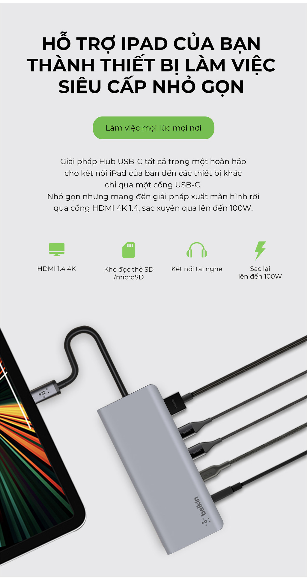 Mô tả Hub chuyển đổi Belkin 7 trong 1 USB-C Multiport - HDMI 4K 30Hz, 100W PD, 2xUSB-A 3.0, 3.5 mm audio, SD 3.0,microSD 3.0 - 4