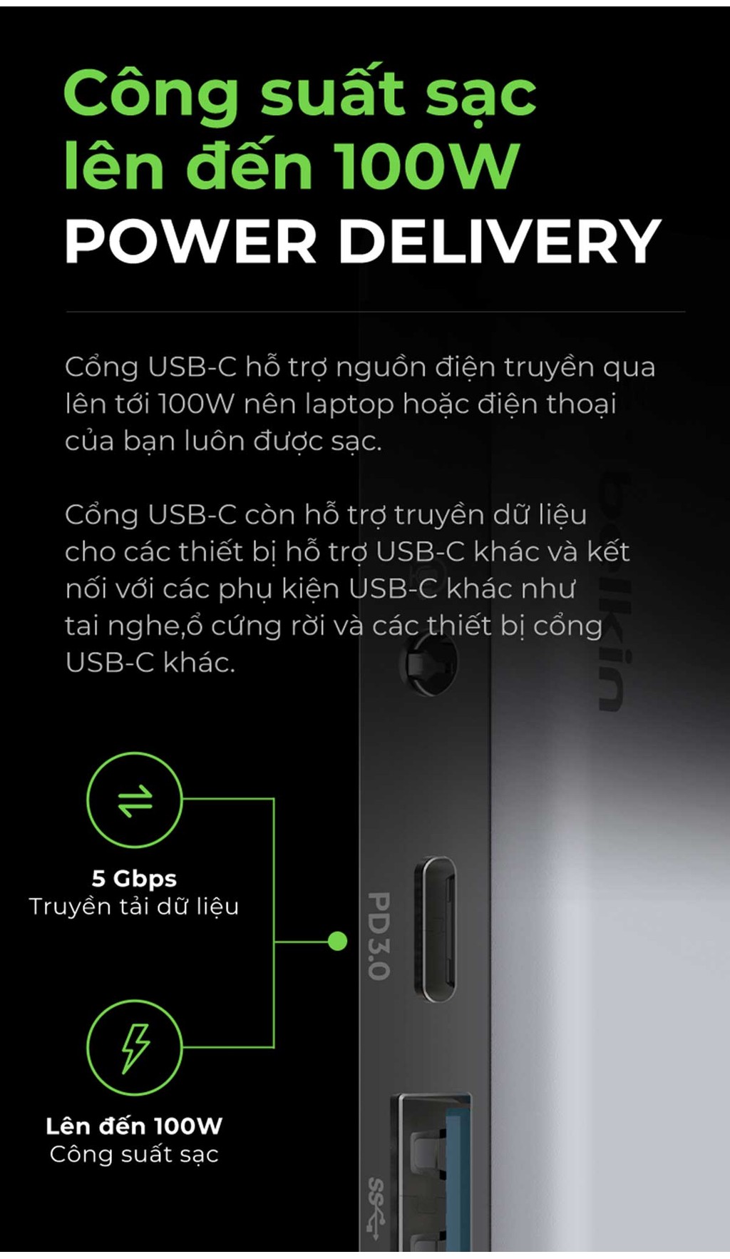 Mô tả Hub chuyển đổi Belkin 7 trong 1 USB-C Multiport - HDMI 4K 30Hz, 100W PD, 2xUSB-A 3.0, 3.5 mm audio, SD 3.0,microSD 3.0 - 5