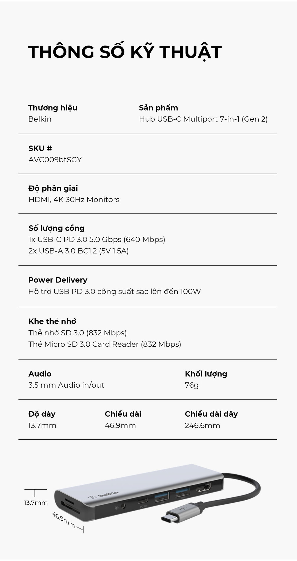 Mô tả Hub chuyển đổi Belkin 7 trong 1 USB-C Multiport - HDMI 4K 30Hz, 100W PD, 2xUSB-A 3.0, 3.5 mm audio, SD 3.0,microSD 3.0 - 11